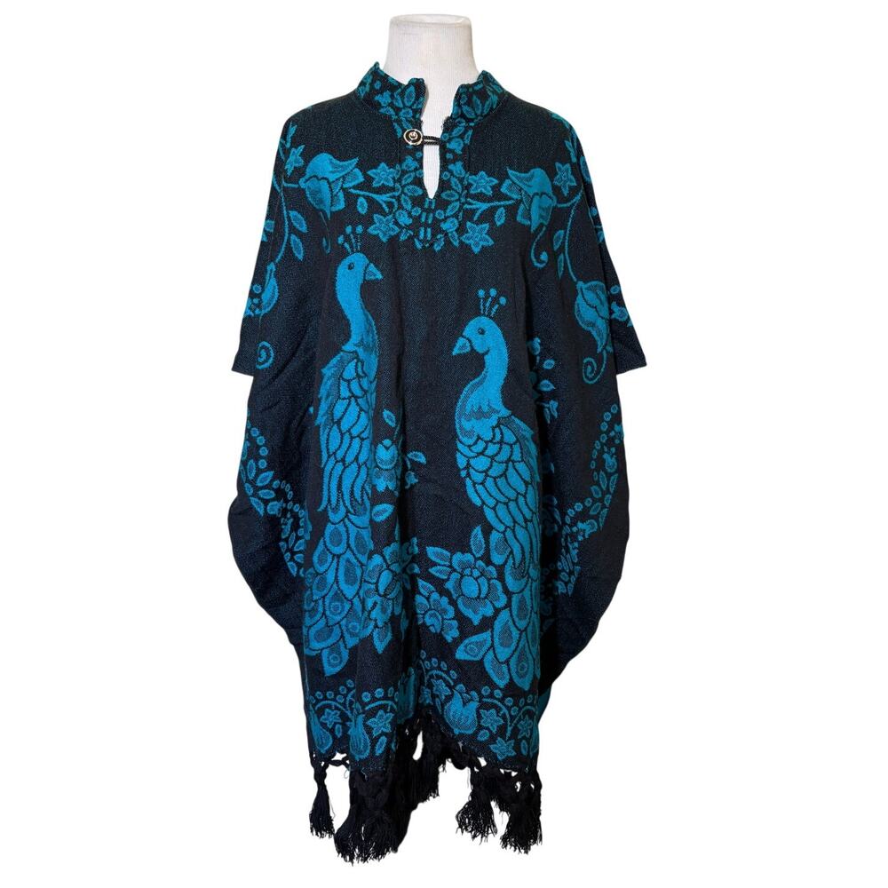 Black Turquoise Peacock Woven Poncho Cape Fringe Boho Mexican Style